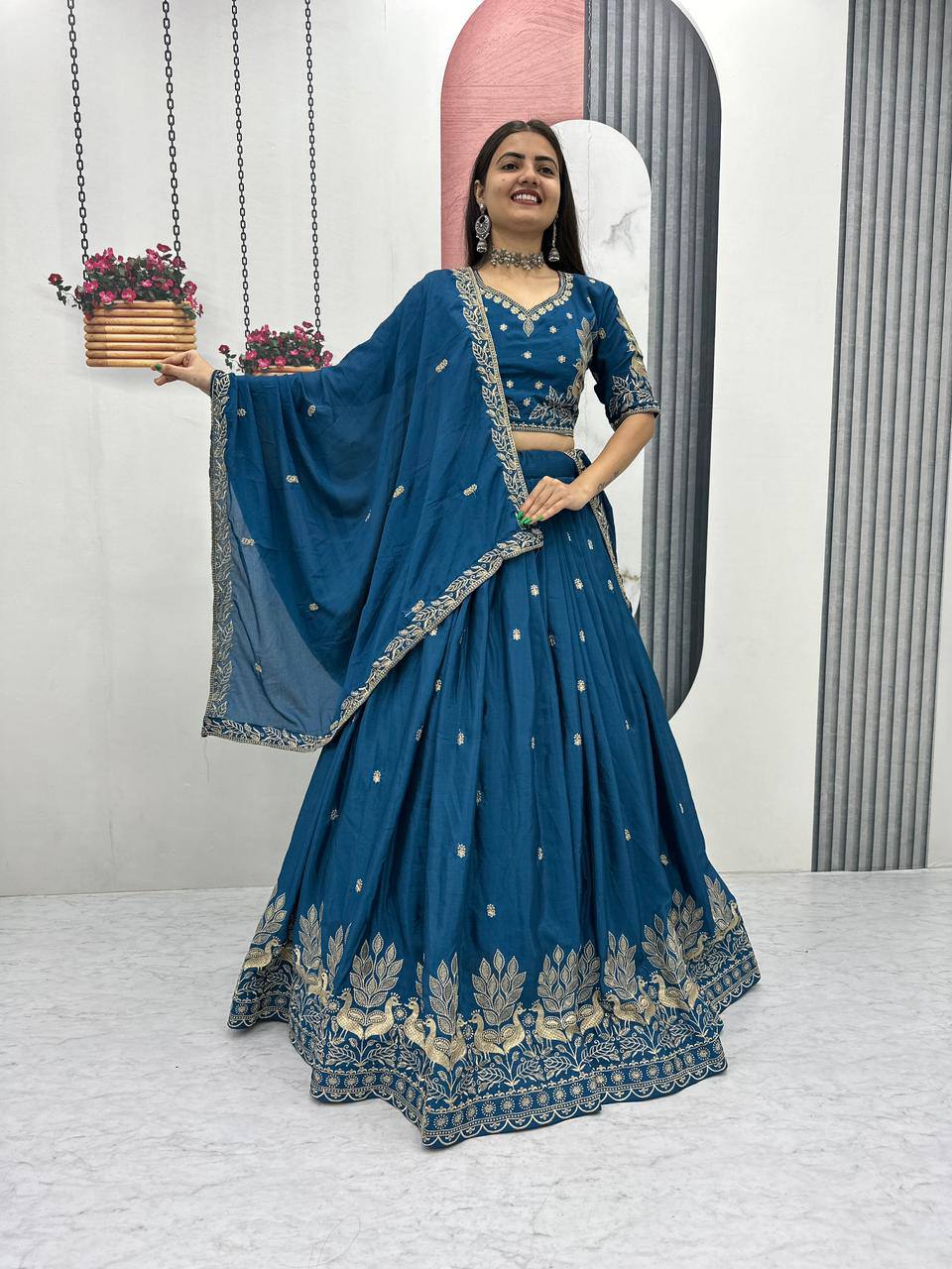 Women's Teal Blue Embroidered Lehenga Choli with Net Dupatta | Designer Wedding & Party Wear