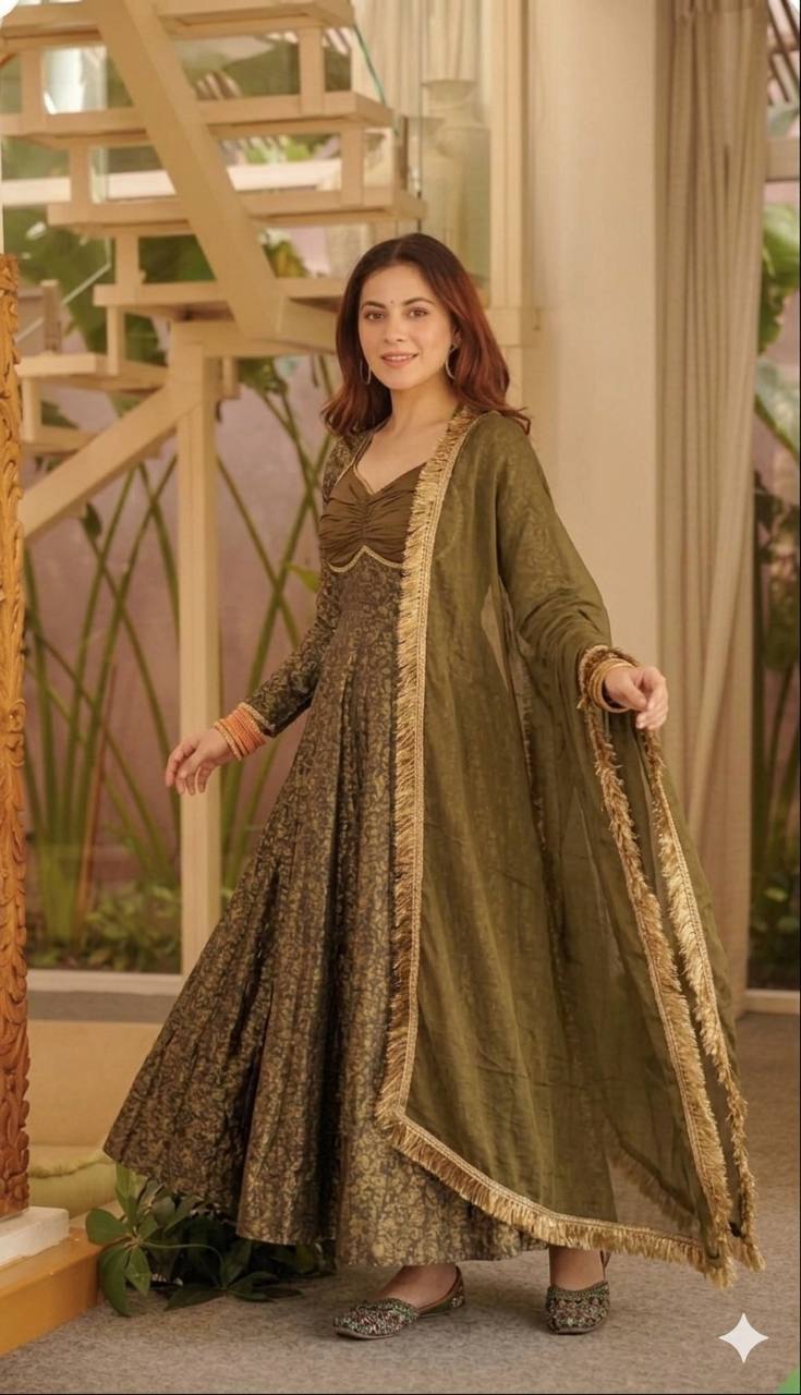 Olive Green Floral Printed Anarkali Suit Set with Dupatta for Women