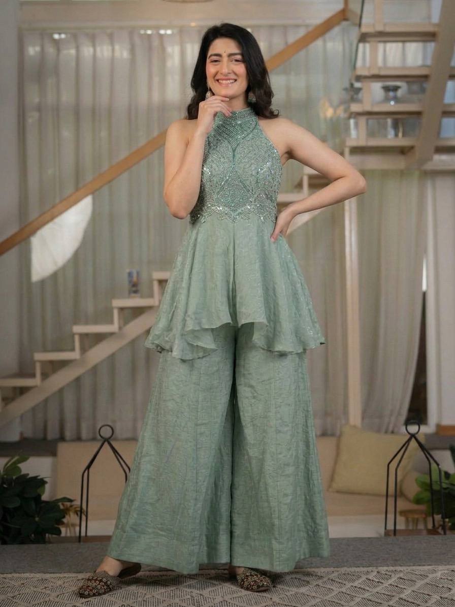 Noor Mint Embellished Peplum Palazzo Set