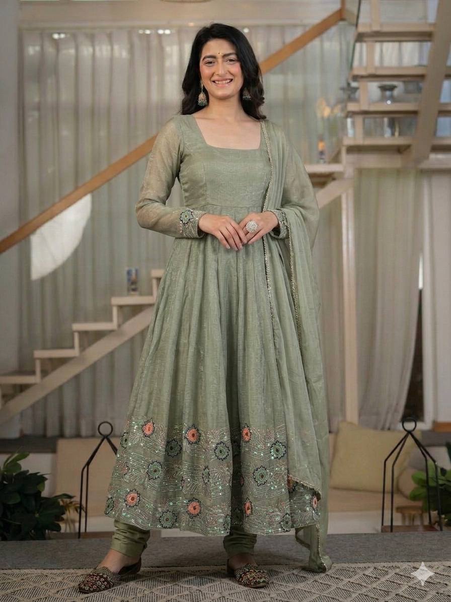 Women's Sage Green Embroidered Anarkali Kurta Set with Dupatta