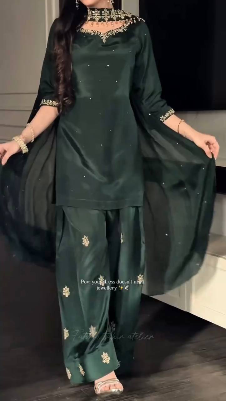 Emerald Grace Embroidered Kurta Palazzo Set