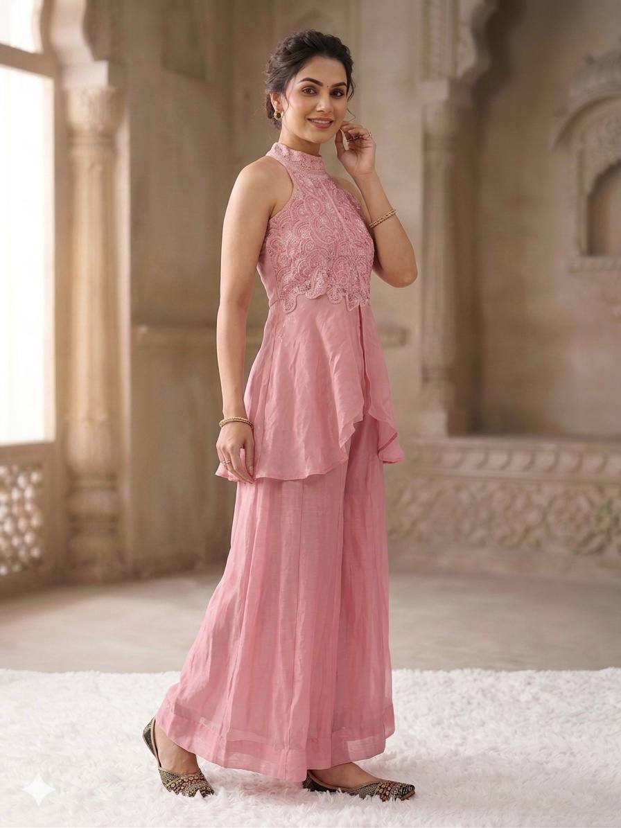 Baby Pink Embroidered Peplum Sharara Set for Women