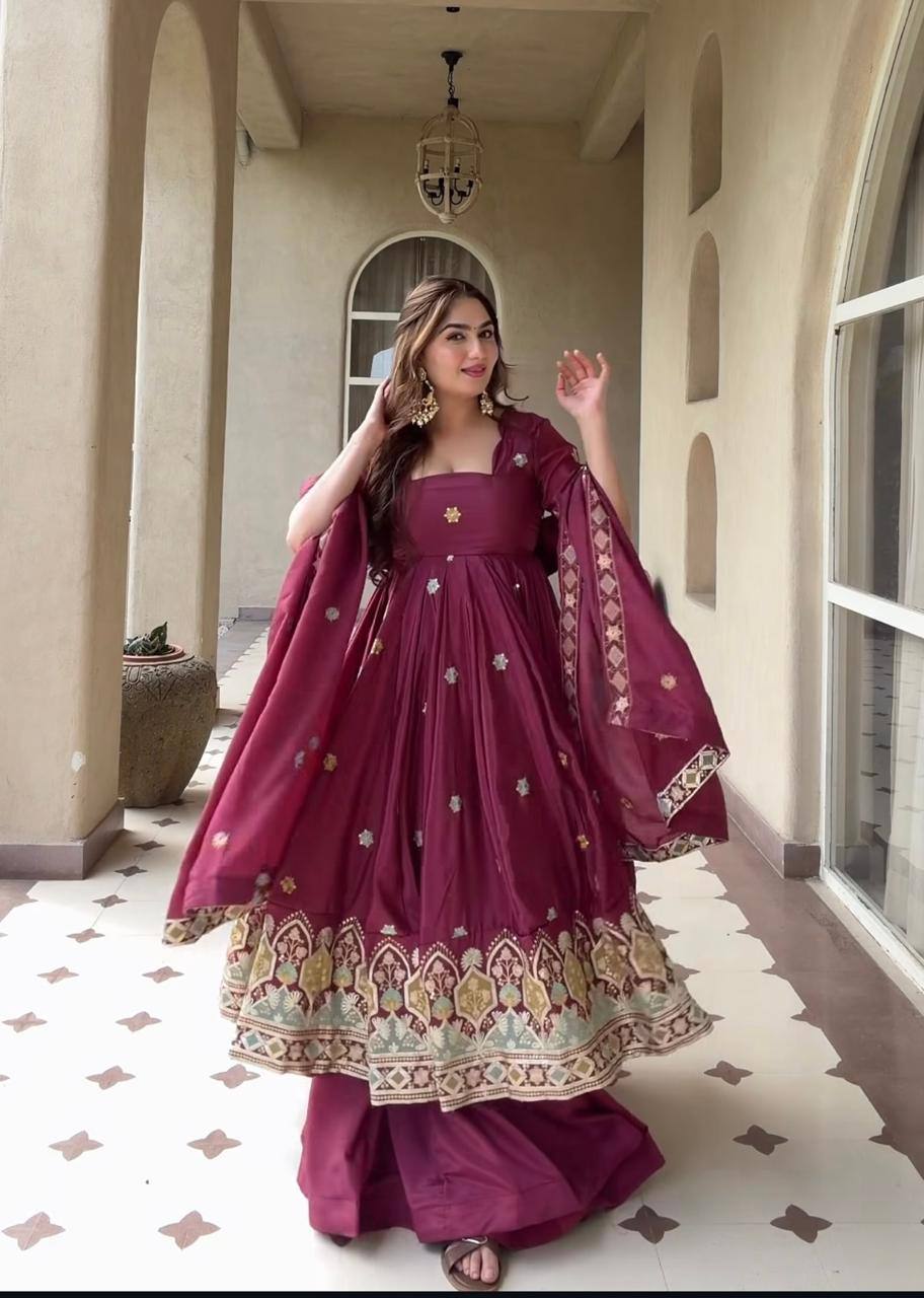 Women's Premium Wine Embroidered Anarkali Kurta Set with Dupatta