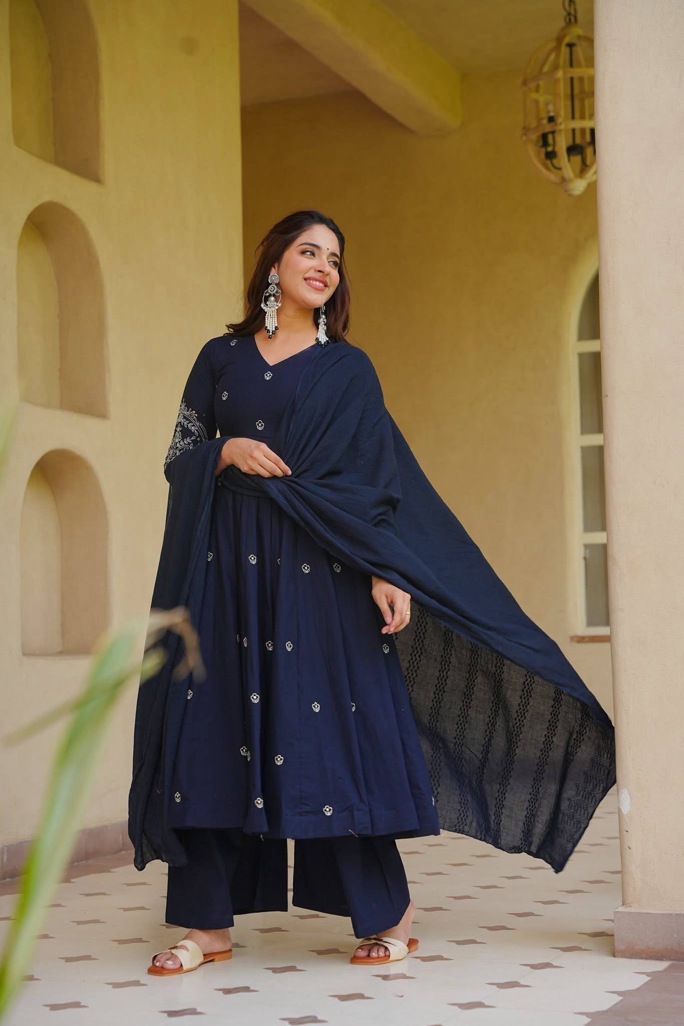 Women's Navy Blue Embroidered Anarkali Kurta Pant Dupatta Set | Festive & Ethnic Wear