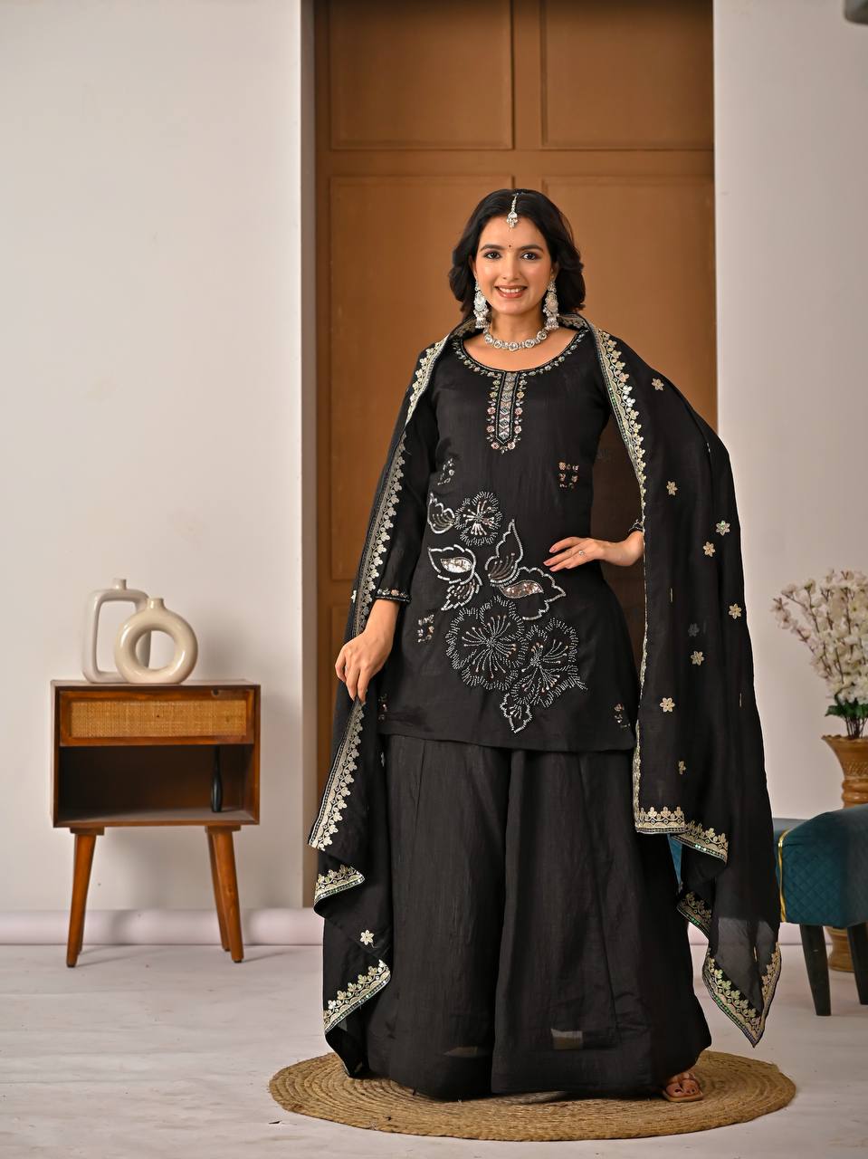 Noir Elegance Embroidered Sharara Set