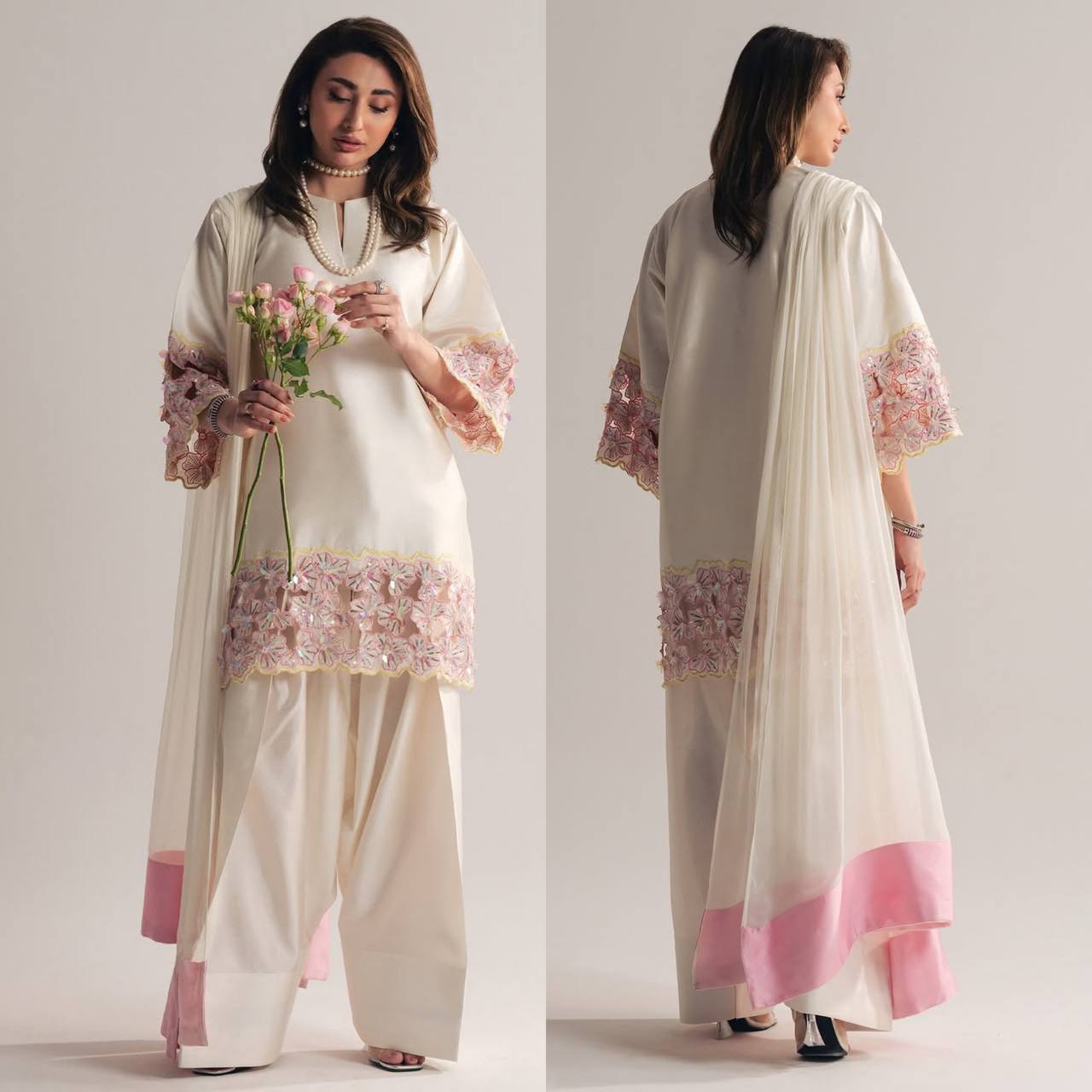 Ivory Pearl Handwork Designer Farshi Suit Set