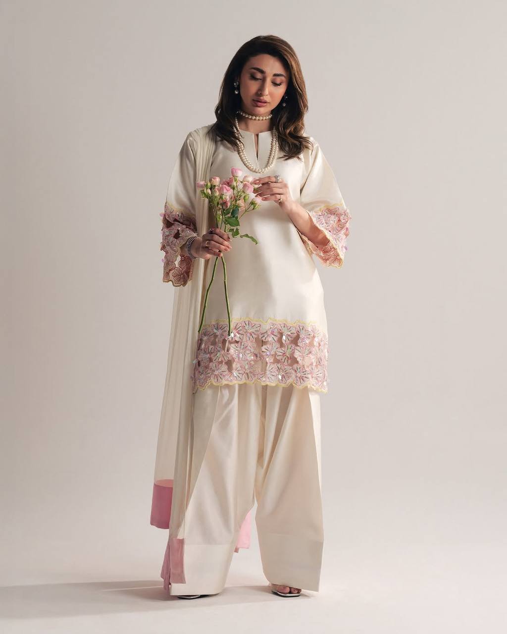 Ivory Pearl Handwork Designer Farshi Suit Set