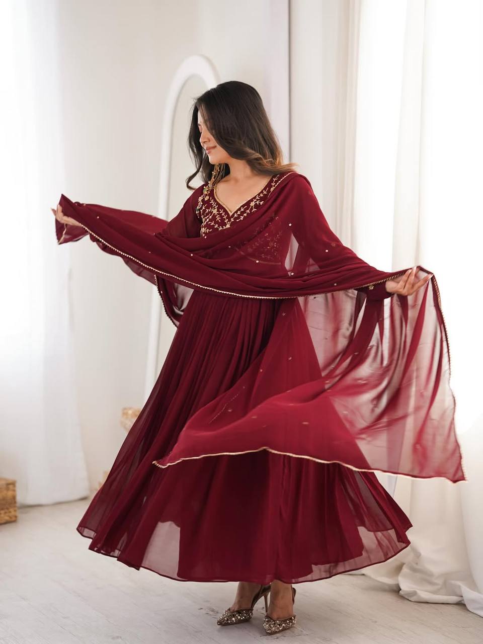 Wine Elegance Handwork Gown Anarkali Set