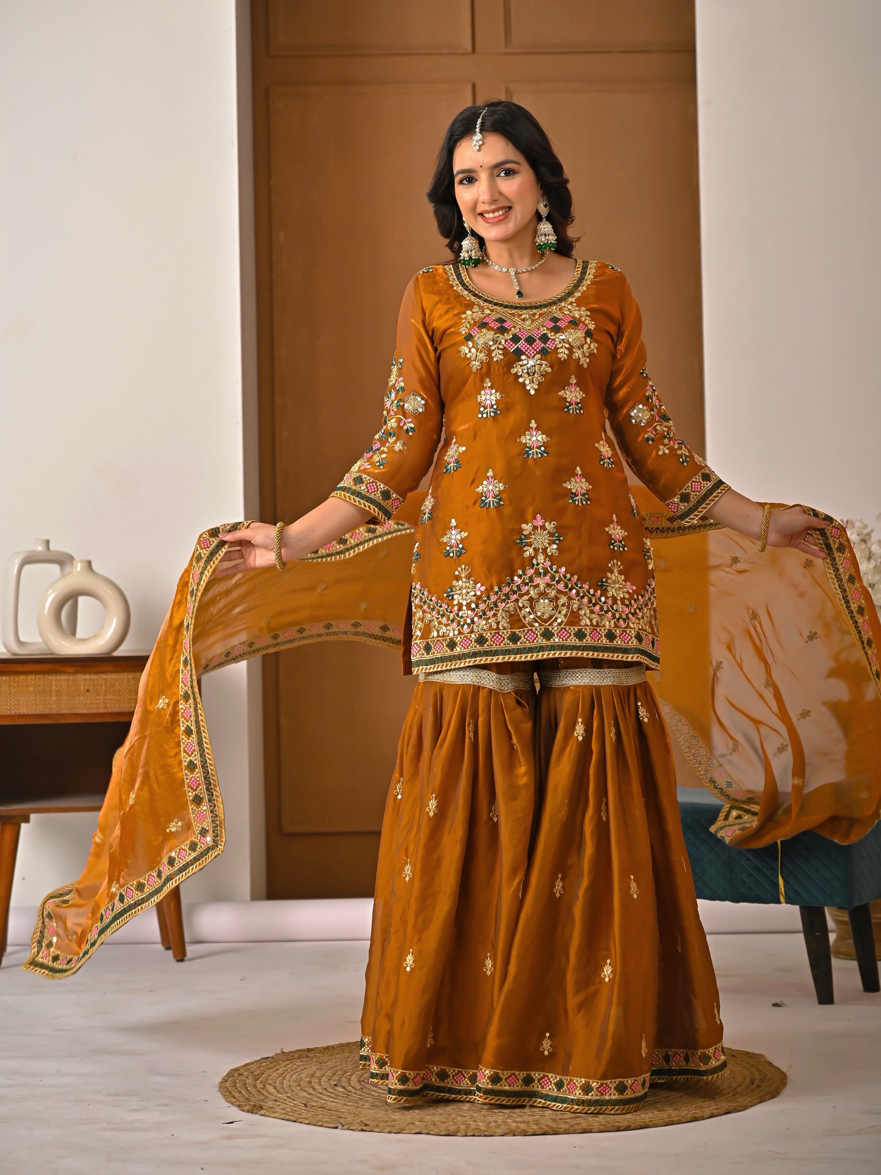 Mustard Brown Heavy Embroidered Kurti Sharara Set with Dupatta