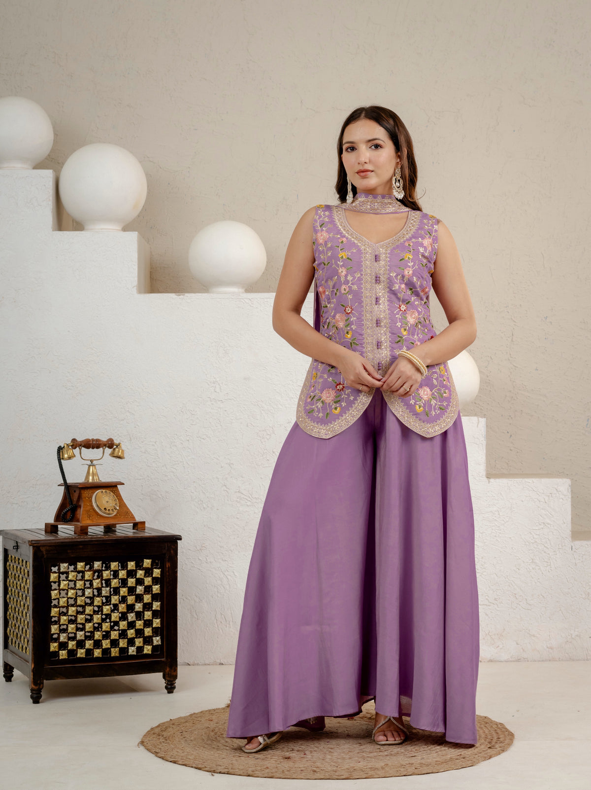 Lavender Embroidered Anarkali Sharara Set for Women | Floral Ethnic Festive Wear