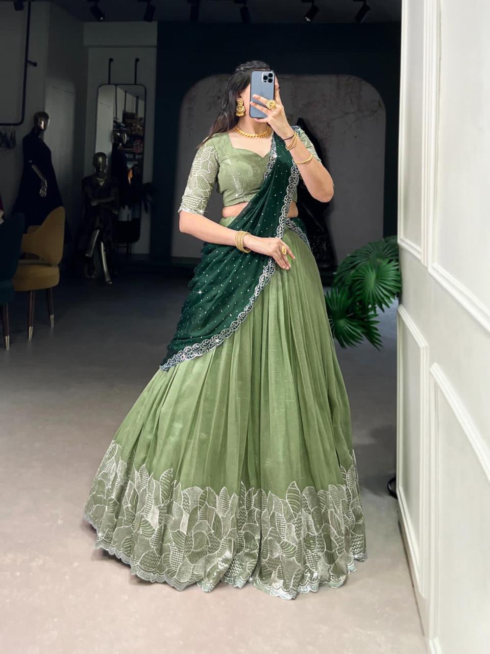 Olive Green Designer Lehenga Choli for Women | Heavy Embroidered Festive Wear