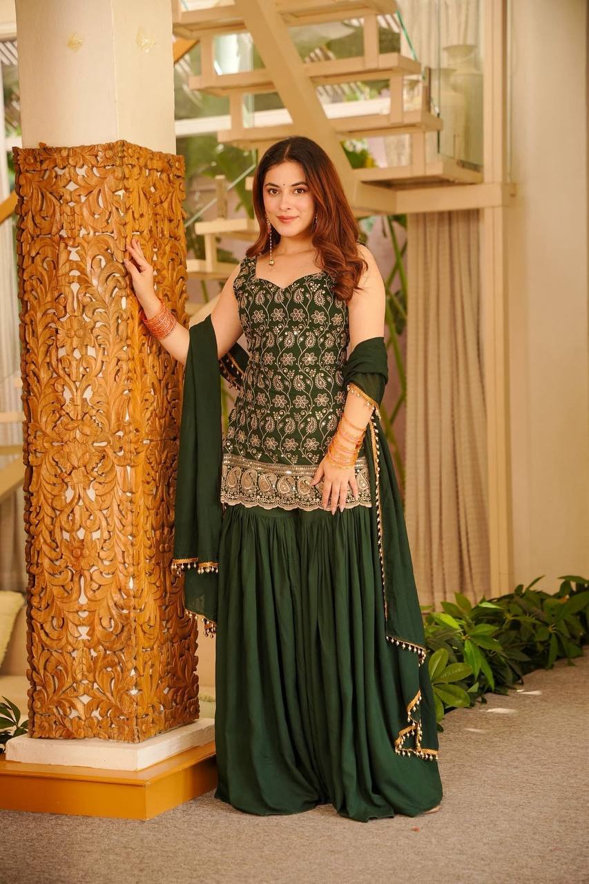Emerald Elegance Embroidered Sharara Set