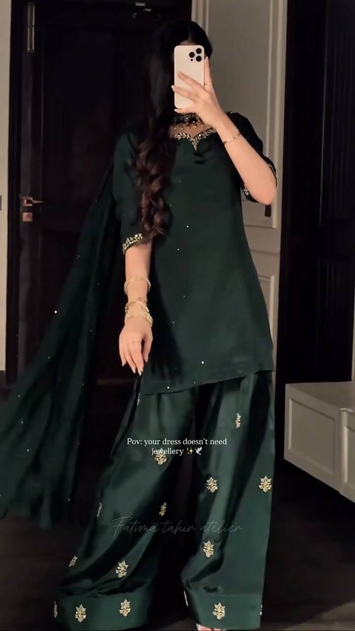 Emerald Grace Embroidered Kurta Palazzo Set