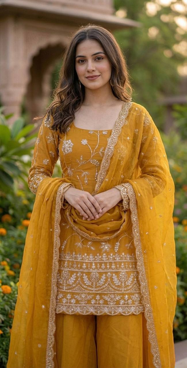 Women’s Mustard Yellow Embroidered Silk Kurti Palazzo Set with Dupatta – Festive & Party Wear