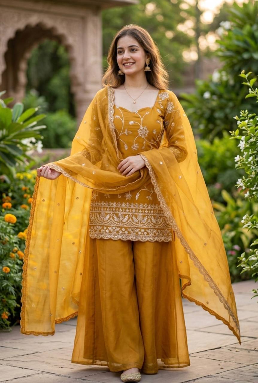 Women’s Mustard Yellow Embroidered Silk Kurti Palazzo Set with Dupatta – Festive & Party Wear