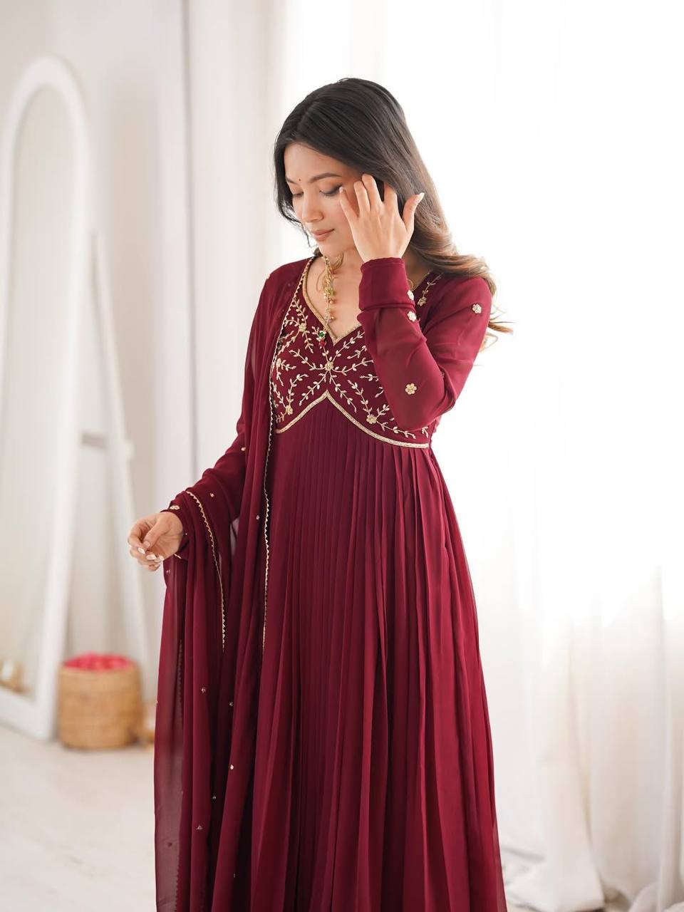 Wine Elegance Handwork Gown Anarkali Set