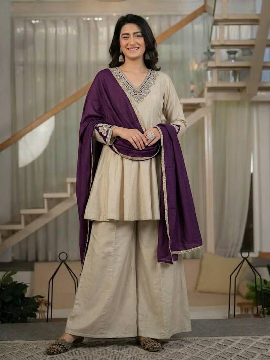Devangi Vastra Women's Off White Embroidered Kurta Palazzo Set with Purple Dupatta