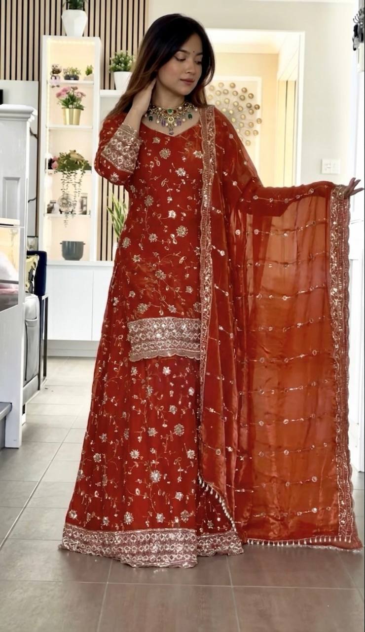 Royal Crimson Embroidered Palazzo Suit Set