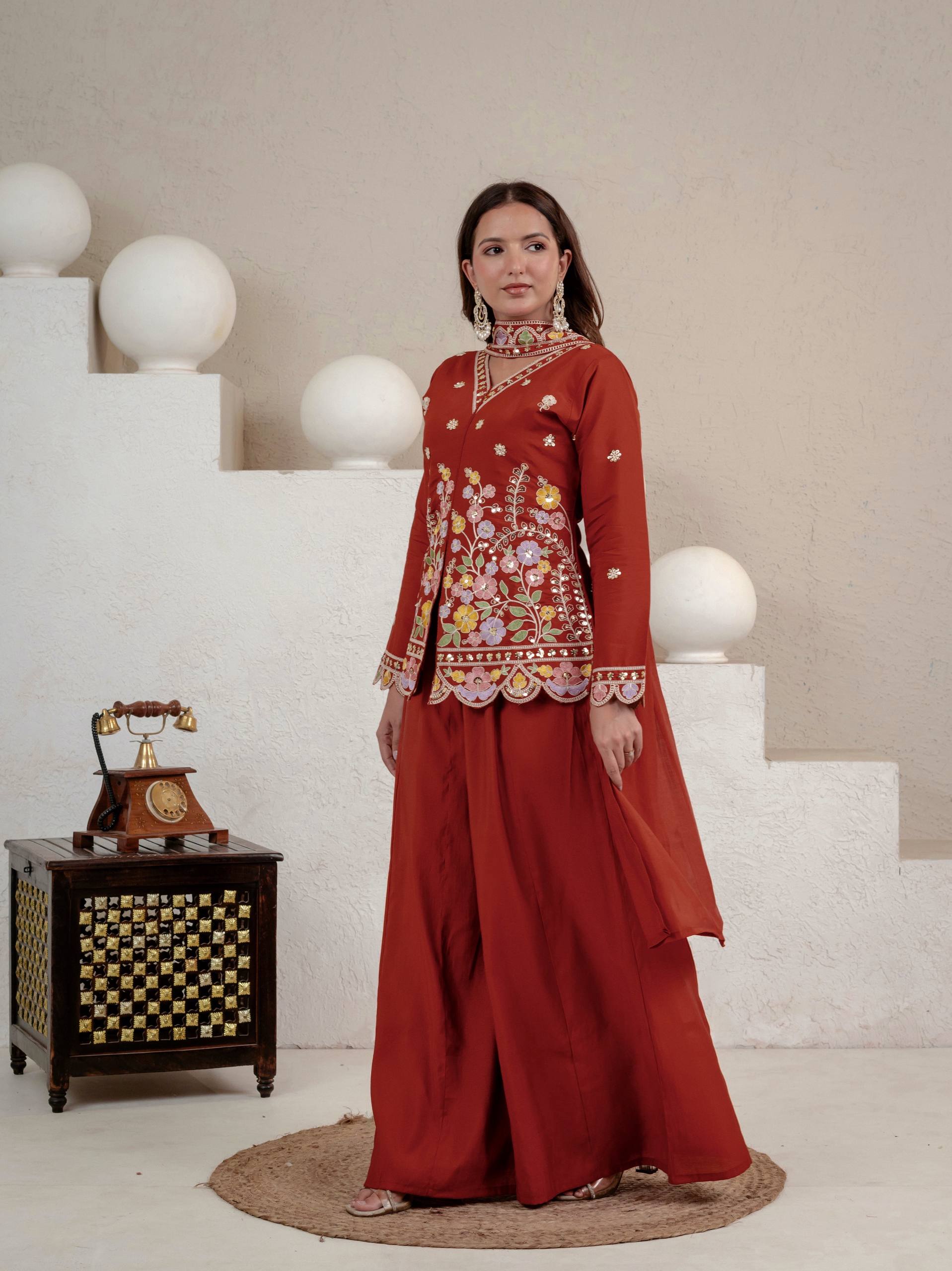 Devangi Vastra Women's Rust Floral Embroidered Kurta Palazzo Set with Dupatta