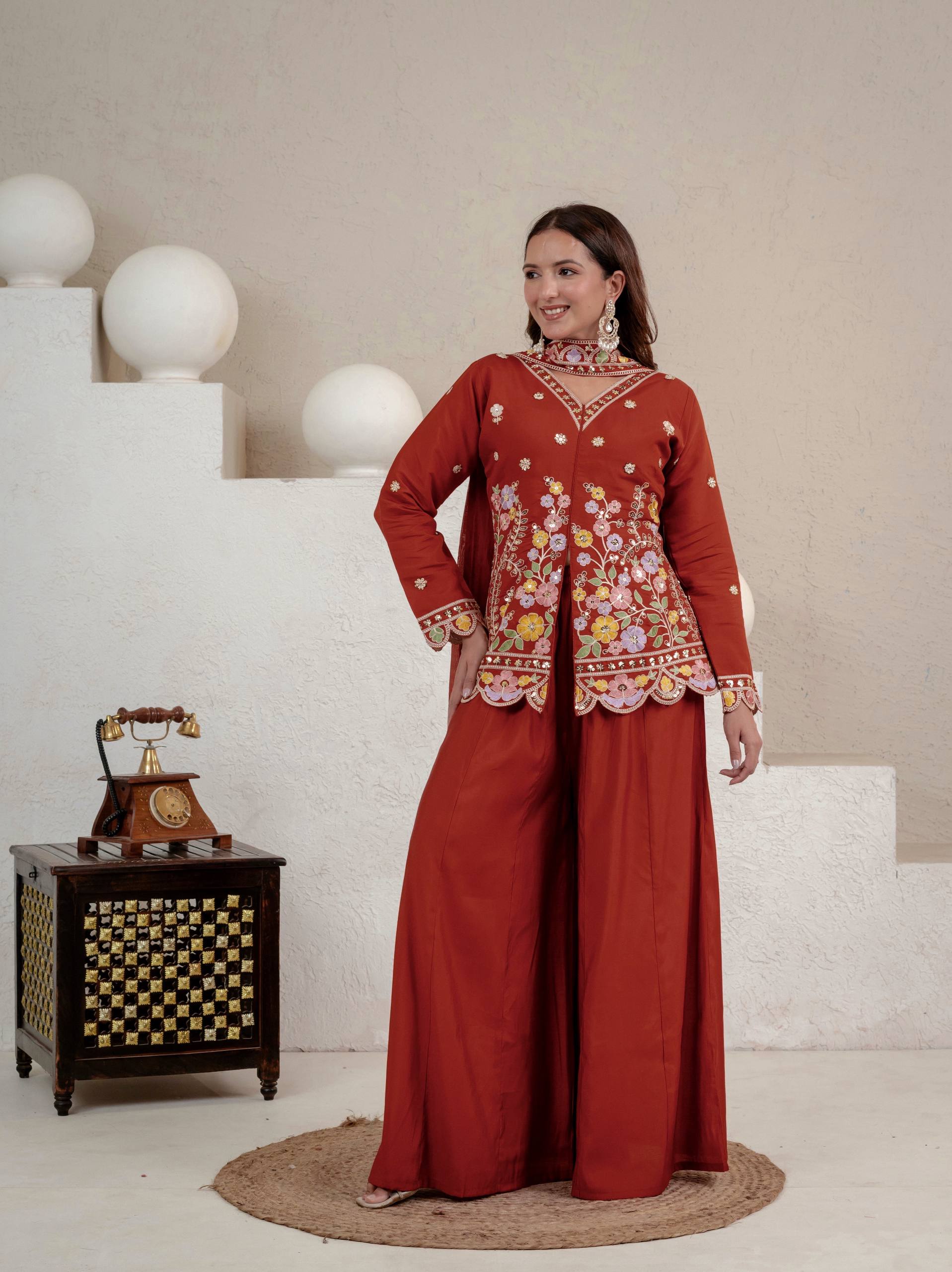 Devangi Vastra Women's Rust Floral Embroidered Kurta Palazzo Set with Dupatta