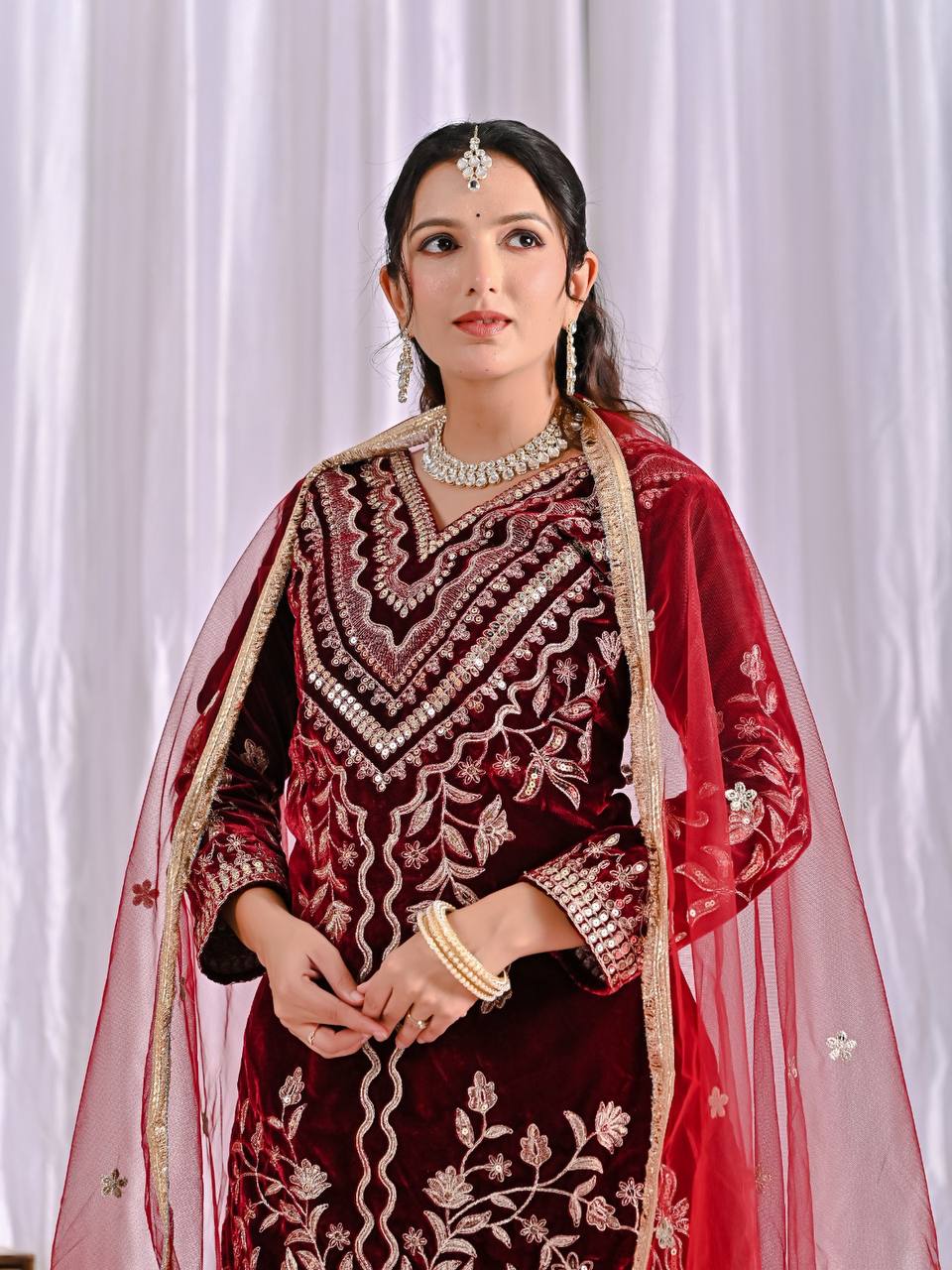 Royal Maroon Velvet Embroidered Suit Set, Dhoti Salwar and Dupatta