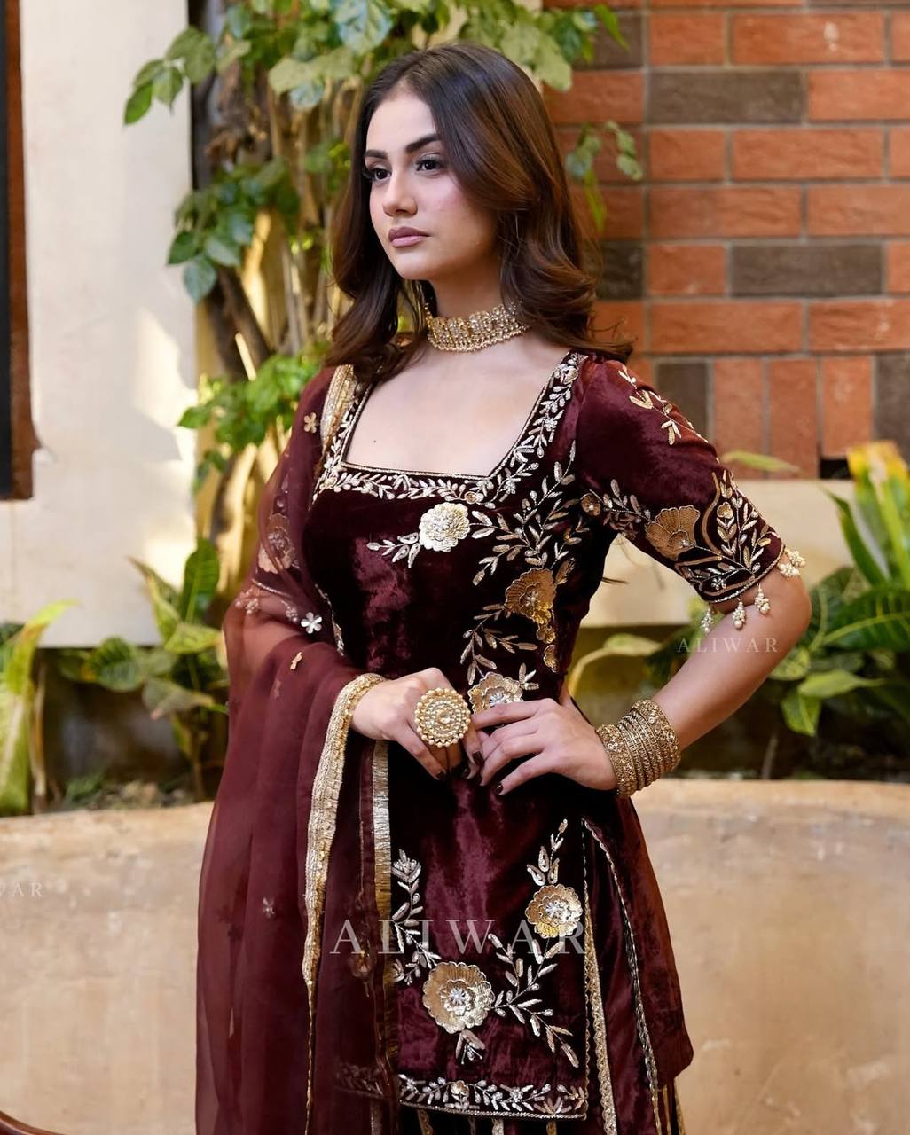 Wine Velvet Heavy Embroidered Kurti Sharara Set with Dupatta