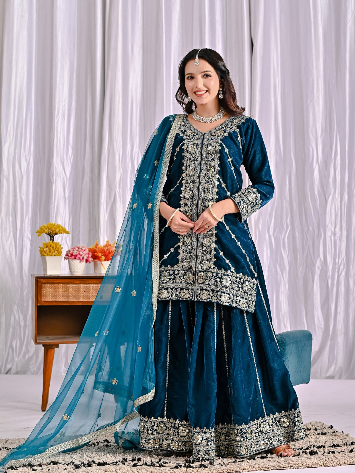 Premium Velvet Teal Sharara Suit with Embroidered Dupatta