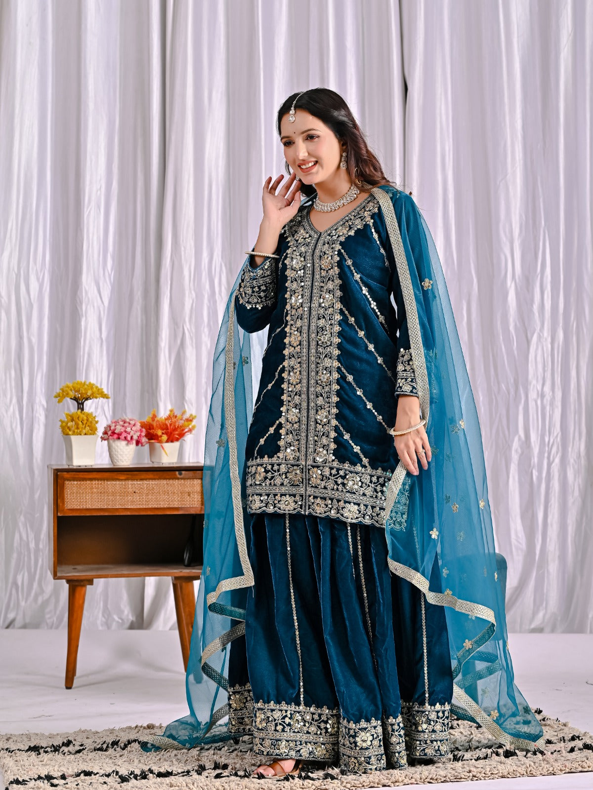Premium Velvet Teal Sharara Suit with Embroidered Dupatta