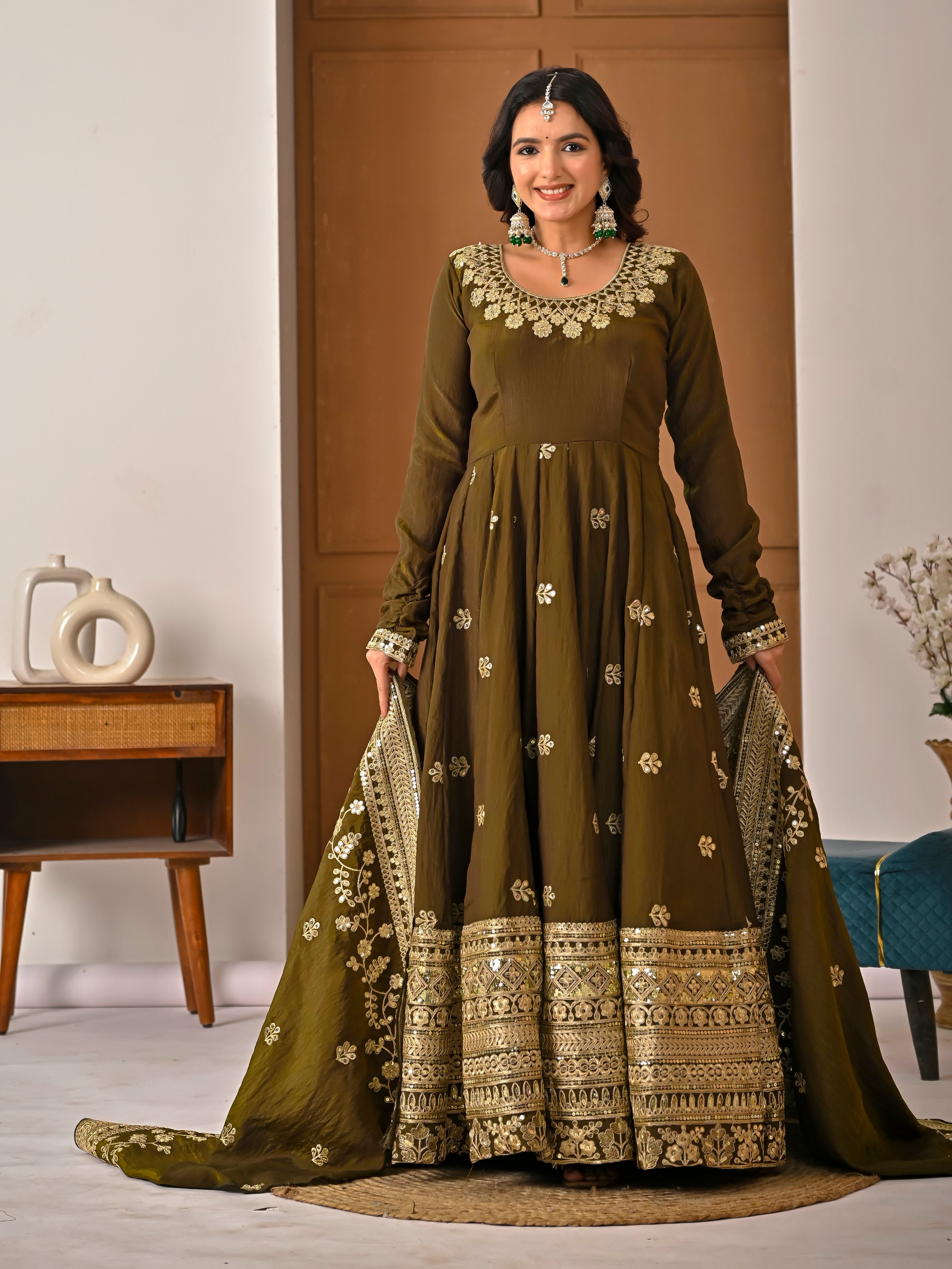 Olive Green Heavy Embroidered Anarkali Kurti Set with Dupatta