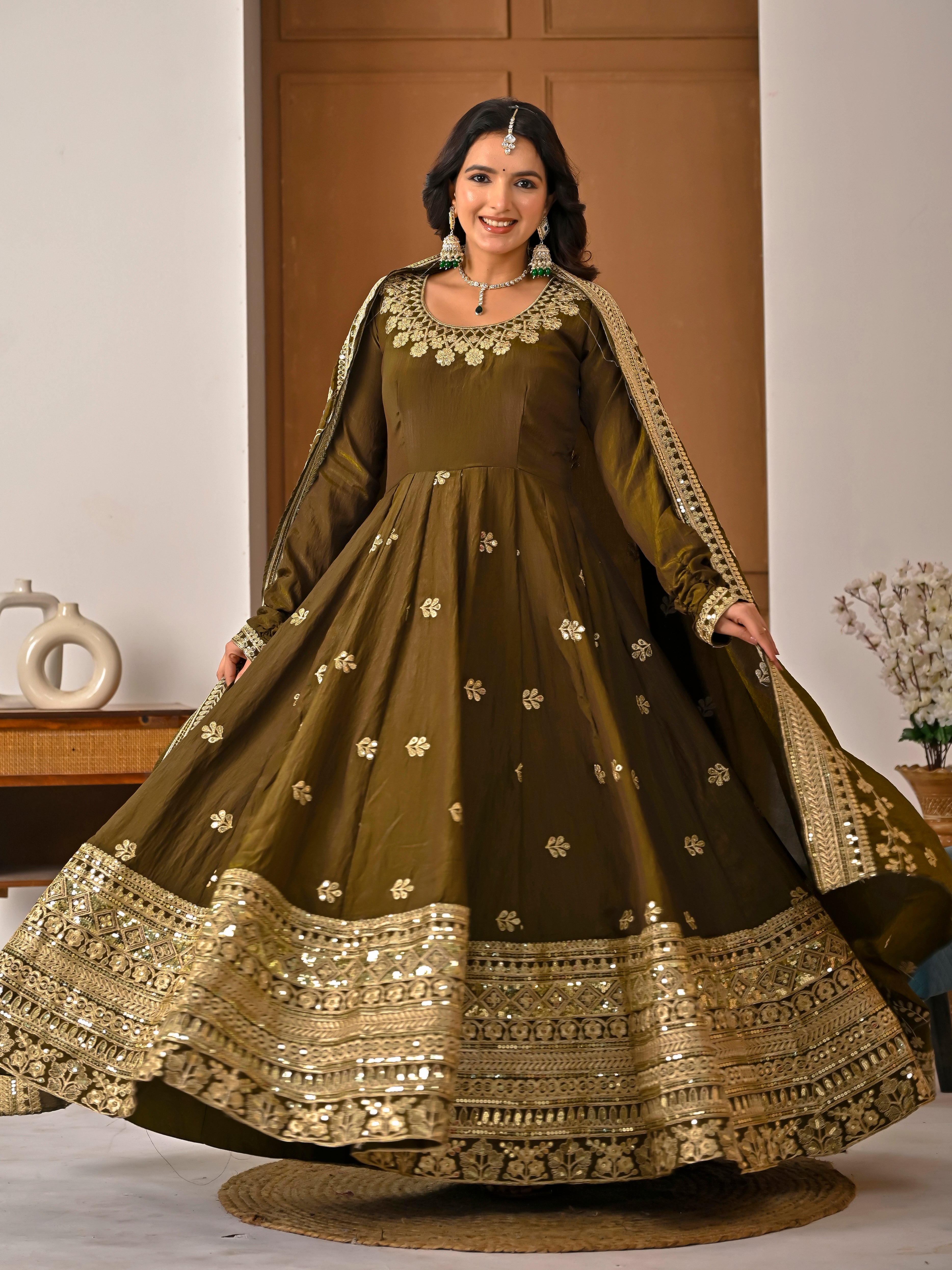 Olive Green Heavy Embroidered Anarkali Kurti Set with Dupatta