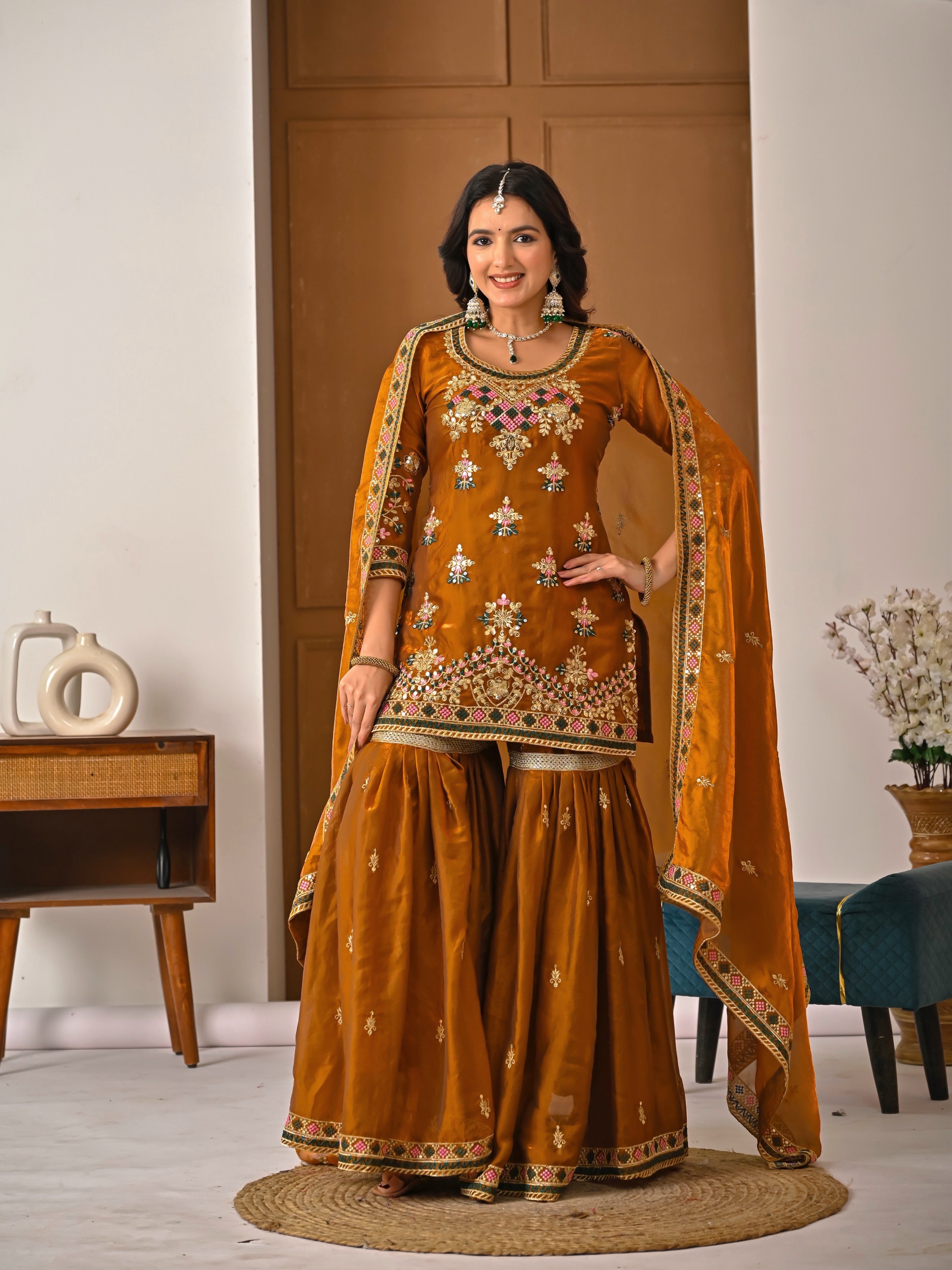 Mustard Brown Heavy Embroidered Kurti Sharara Set with Dupatta
