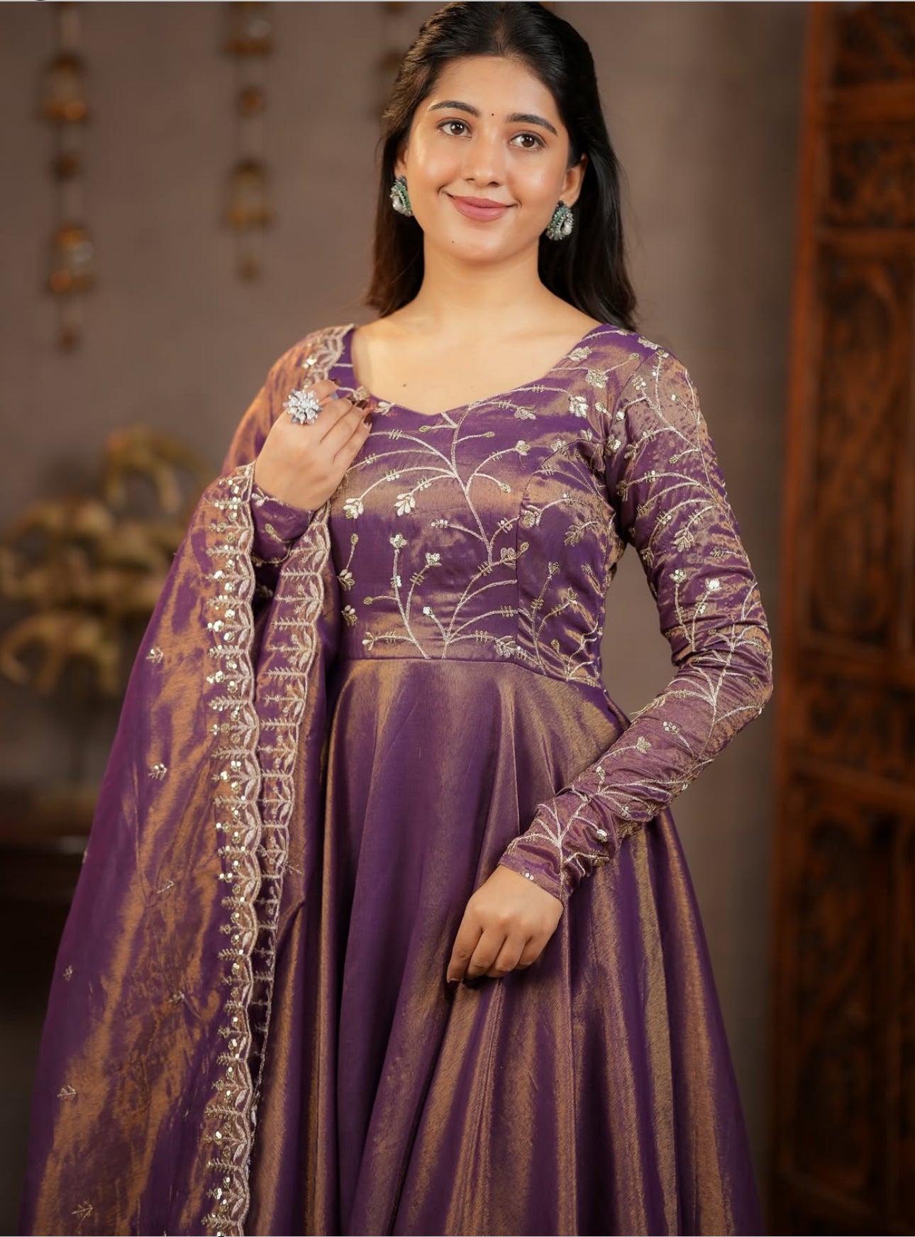 Purple Gold Printed Anarkali Kurti Gown with Dupatta for Women