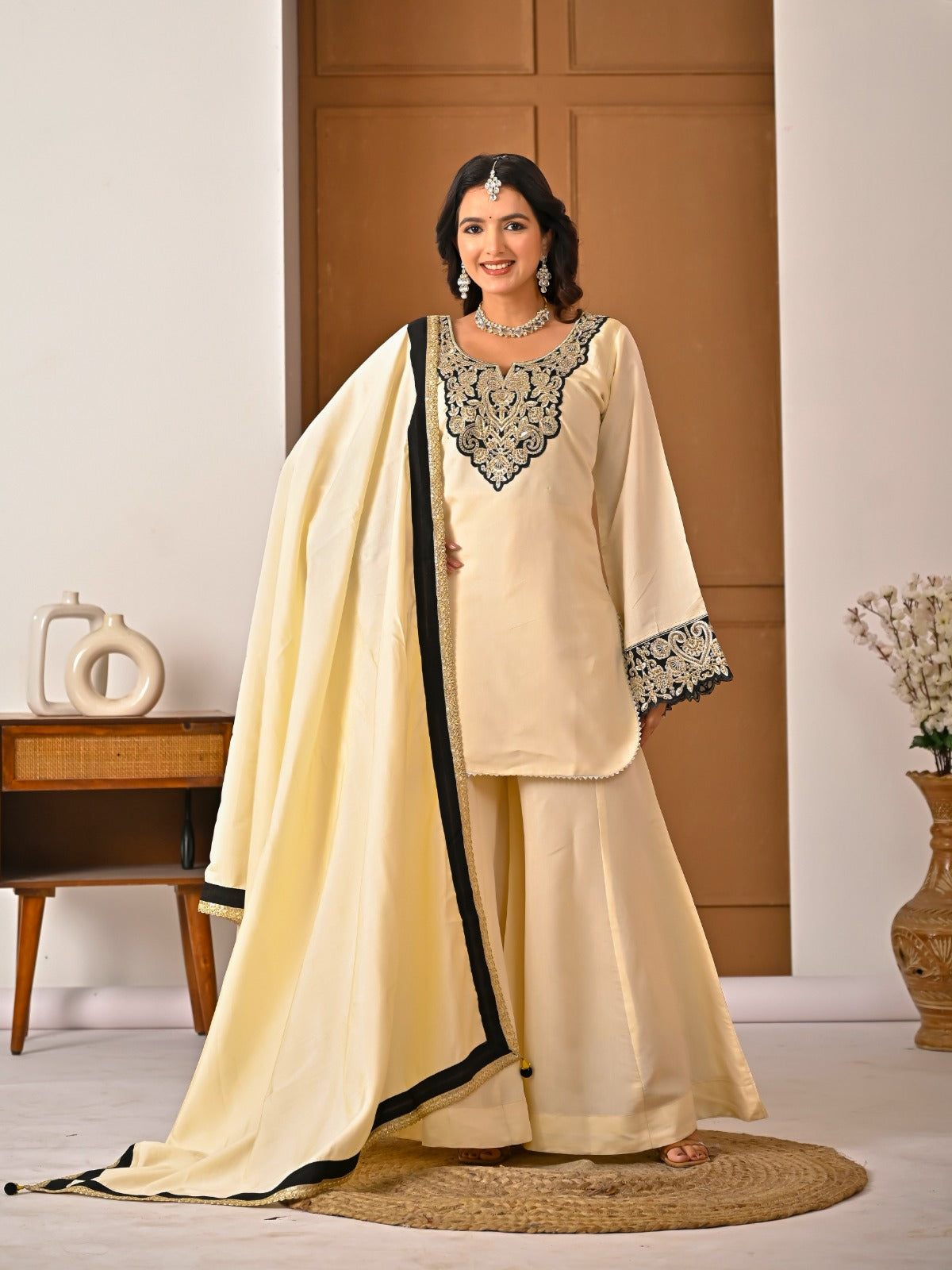 Designer Ivory Embroidered Kurti Sharara Set with Dupatta