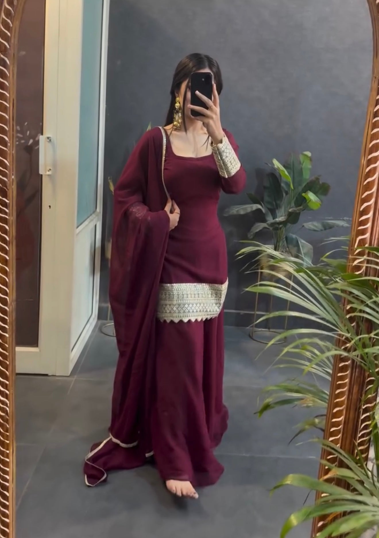 Royal Maroon Designer Kurti Palazzo Set with Dupatta