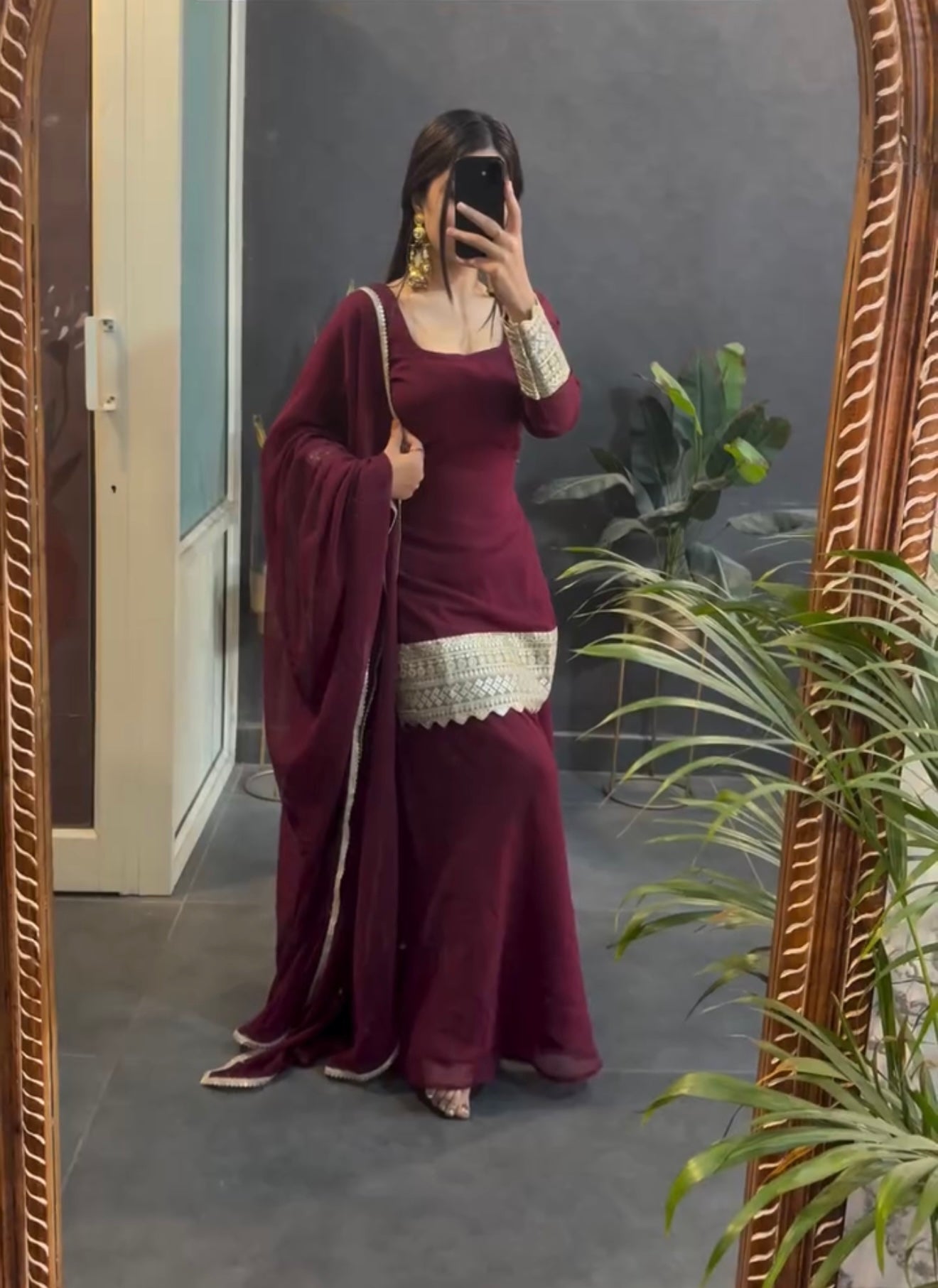 Royal Maroon Designer Kurti Palazzo Set with Dupatta