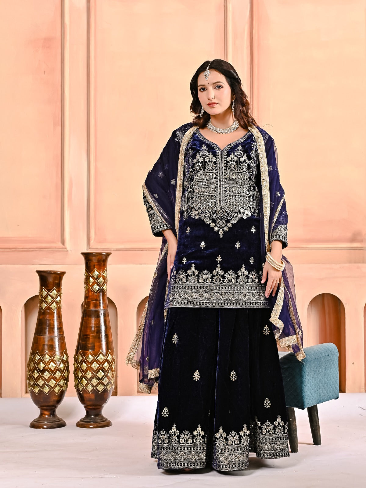 Devangi Vastra Navy Blue Heavy Embroidered Sharara Set with Dupatta