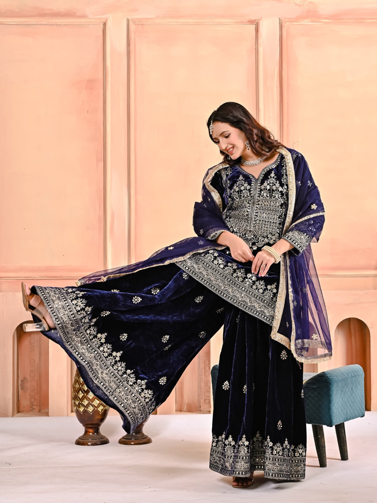 Devangi Vastra Navy Blue Heavy Embroidered Sharara Set with Dupatta